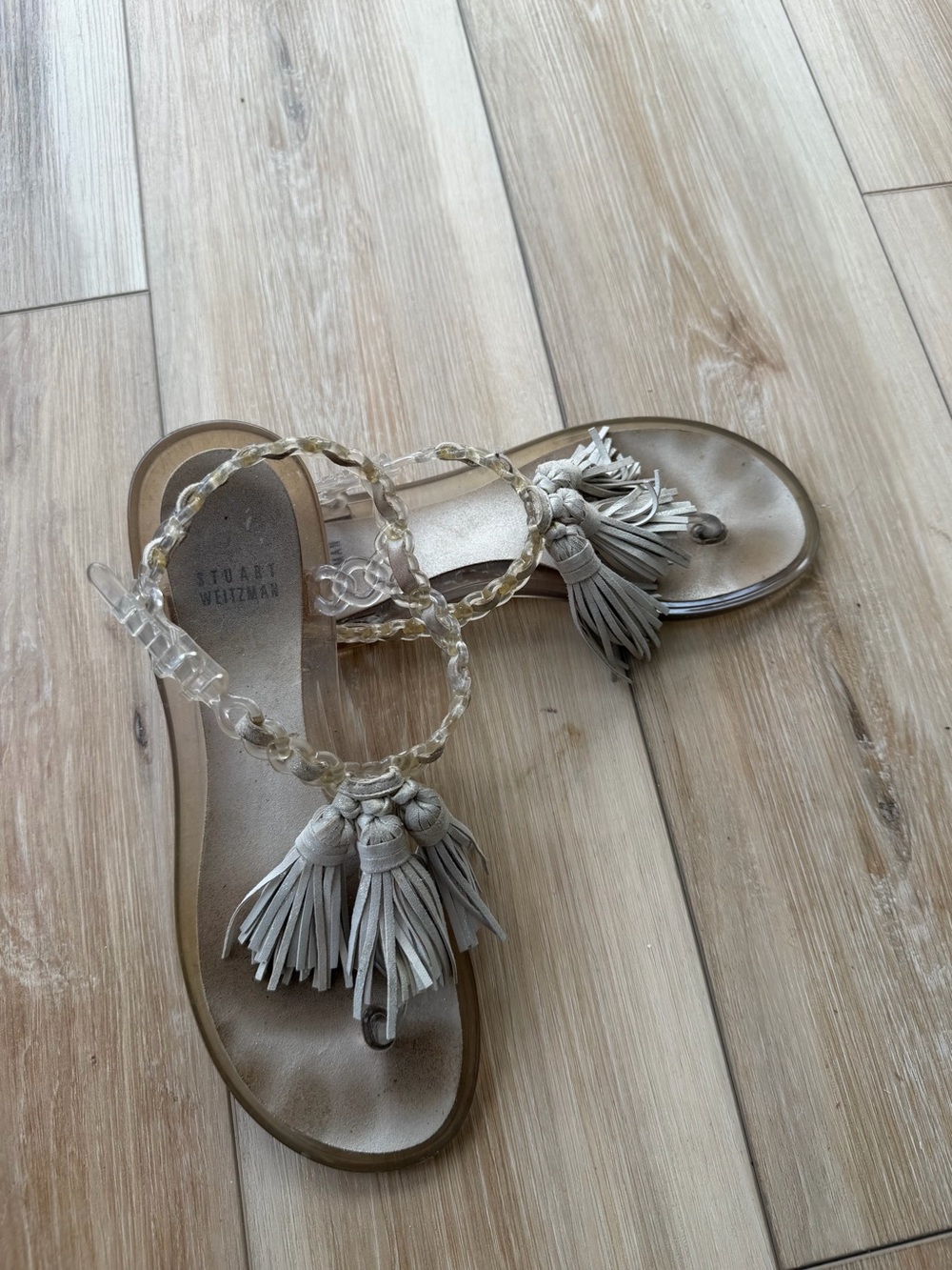 Stuart Weitzman Beige Tassel Thong Sandals with Braided Ankle Strap